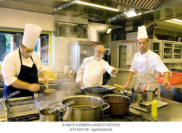 L'Albereta. Gualtiero Marchesi Restaurant. Gualtiero Marchesi in the kitchen. Erbusco, province of Brescia, in Lombardy