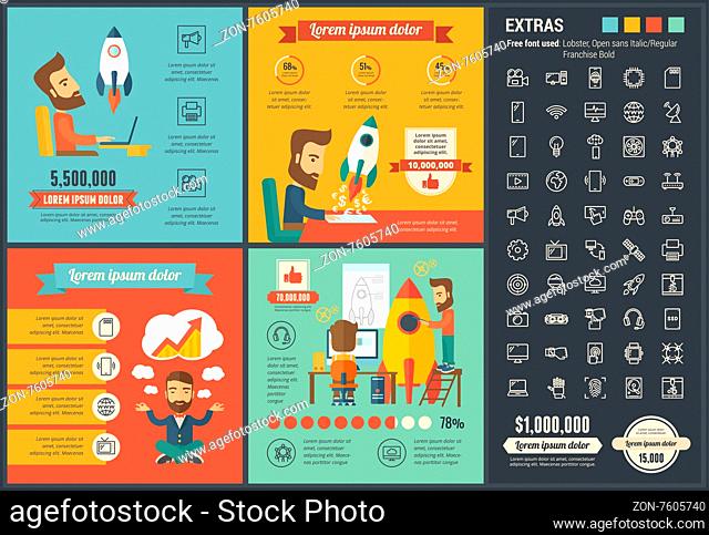 Startup infographic template and elements. The template includes illustrations of hipster men and huge awesome set of thin line icons