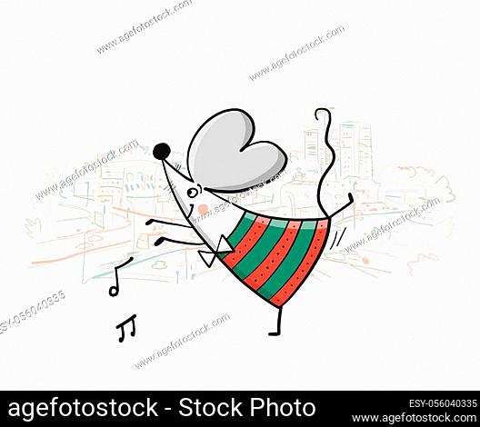 Funny mouse in Paris, cityscape background. Banner for your design. Vector illustration