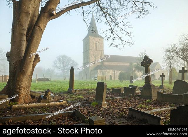 Foggy winter morning at St Michael's church in Southwick, West Sussex, England