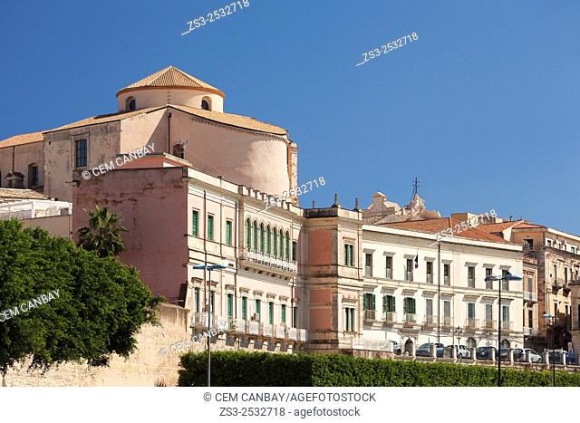 Waterfront buildings at the historic center, Ortigia, Syracuse, Sicily, Italy, Europe
