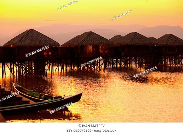 Deluxe hotel situated on the waters of InleLake with captivating view of the beautiful Inle Lake where water and mountains create spectacular scene, Myanmar