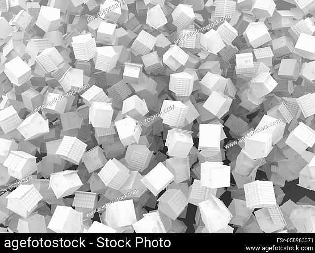 Small white cottages chaotic scatter, 3d illustration, background horizontal