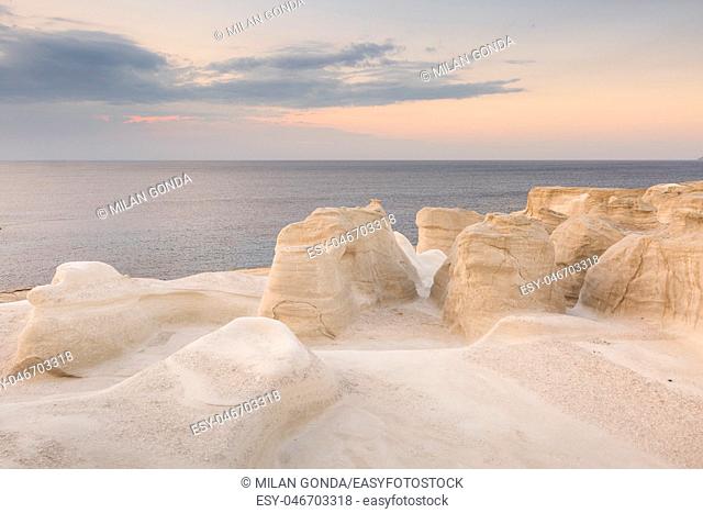 Volcanic rock formations on Sarakiniko beach on Milos island, Greece.