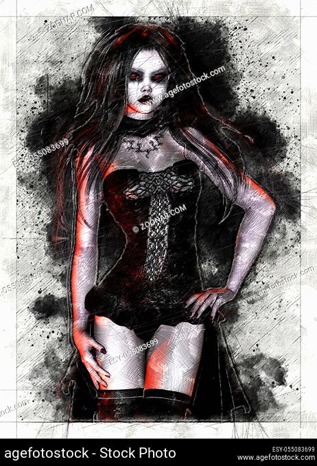 Digital artistic Sketch, based on a self-created 3D Illustration of a Fantasy Female, Model-Release or Property Release not required