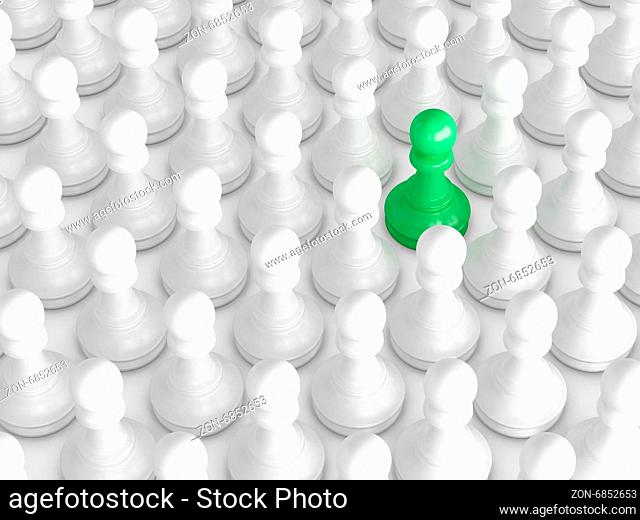 Green pawn standing out from the crowd, white chess pieces
