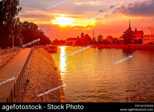 Wroclaw, Poland sunset panorama with Ostrow Tumski island, Odra or Oder river and cathedral towers