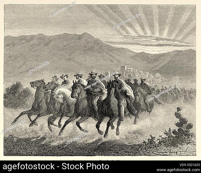 Caravan of horseback riders leaving Cusco, Peru. South America. Trip to the Valley of the Quinas by Paul Marcoy. Old engraving El Mundo en la Mano 1878