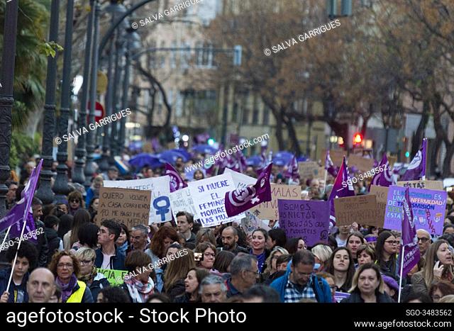 Valencia, Spain, March 8, 2020. The streets of Valencia are filled with people shouting in favor of feminism and encountering machista aggressions