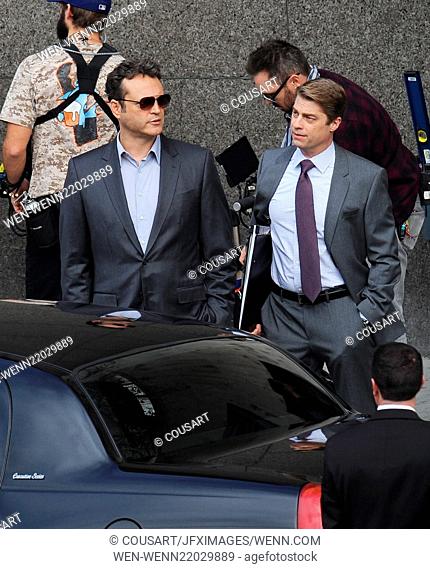 Actor Vince Vaughn sports a gray suit for his new role in ""True Detectives"" filming in downtown Los Angeles. Featuring: Vince Vaughn Where: Los Angeles