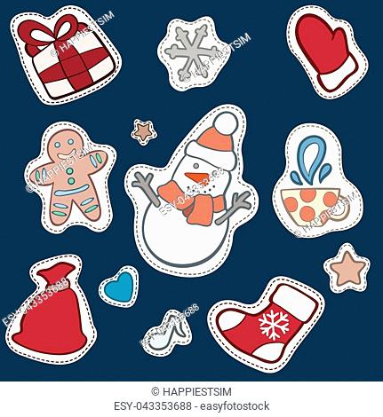 Christmas patch badges with mittens, snowflakes, gift, star, Snowman, cookies, boot for gifts, note, hearts. Set of stickers, patches