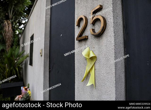 A yellow ribbon is placed outside the house of former Philippine President Benigno Aquino III who died at the age of 61 in Manila, Philippines