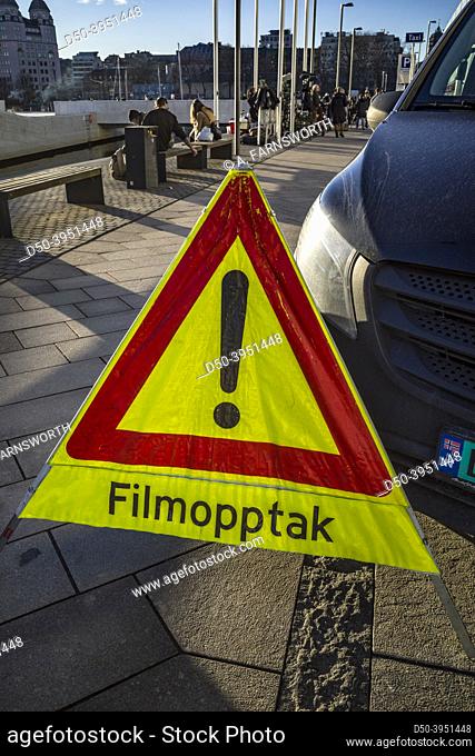 Oslo, Norway March 3, 2022 Sign in Norwegian says: ""Filming. ""