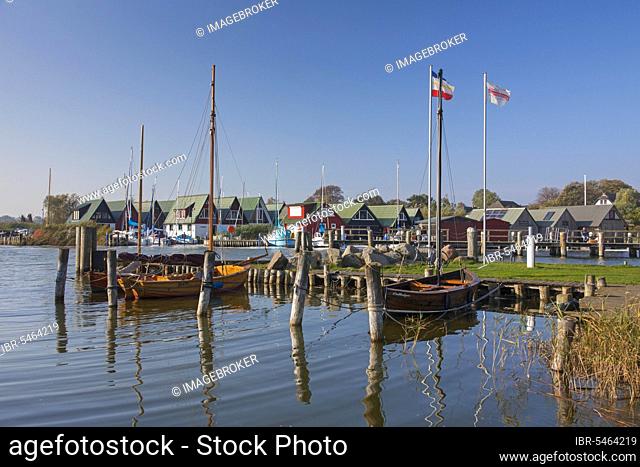 Sailing boats and boathouses at the harbour of Althagen on Fischland-Darß-Zingst, Mecklenburg-Western Pomerania, Germany, Europe