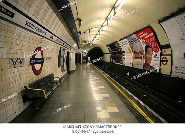 South Kensington tube station (Piccadilly Line), London Underground logo, London, England, UK