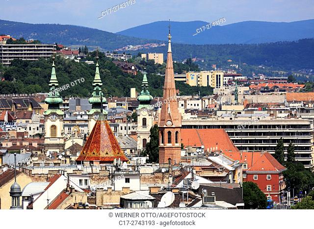 Hungary, Central Hungary, Budapest, Danube, Capital City, panoramic view to three churches in Buda, ahead the Calvinist church