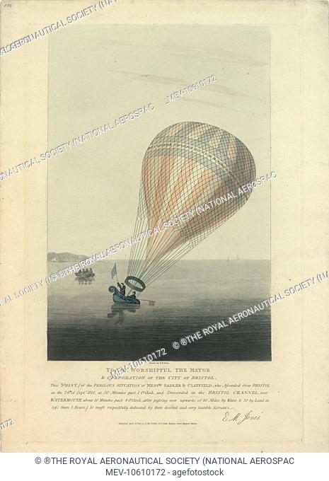 A balloon descending into the water of the Bristol Channel, near Watermouth. The passengers were Sadler and Clayfield, who ascended from Bristol