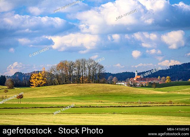 germany, bavaria, upper bavaria, oberland, waakirchen, district piesenkam, autumn landscape, in the background reutberg monastery