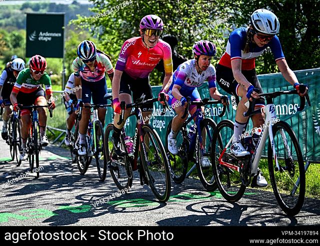 French Evita Muzic of FDJ Nouvelle-Aquitaine Futuroscope (R) pictured in action during the women elite race of the Liege-Bastogne-Liege one day cycling event