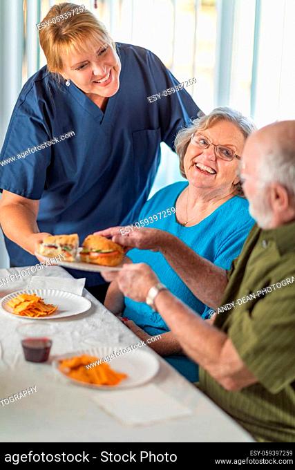 Female Doctor or Nurse Serving Senior Adult Couple Sandwiches at Table