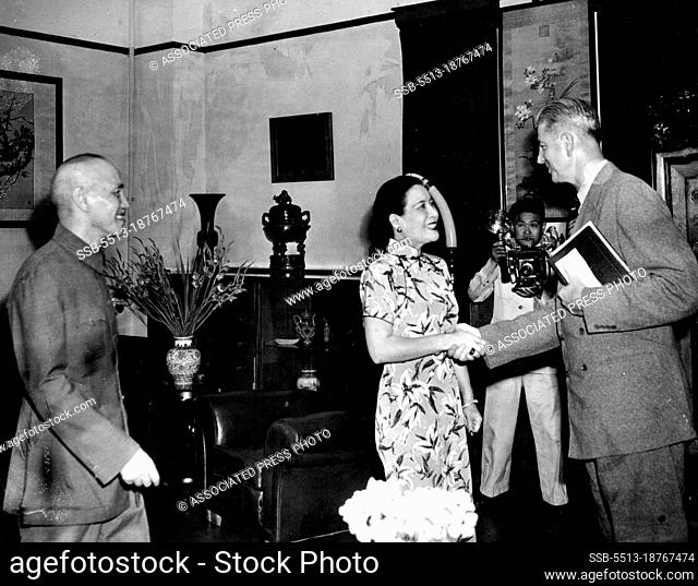 Wedemeyer Visits Chiang Kai-Sheks -- Lieut. Gen. Albert C. Wedemeyer (right) is greeted by Madame Chiang Kai-Shek during a formal visit at Nanking, China