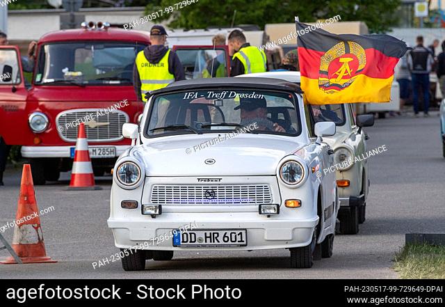 17 May 2023, Mecklenburg-Western Pomerania, Anklam: Trabant vehicles can be seen at the 28th International Trabi Meeting. Until 21.05