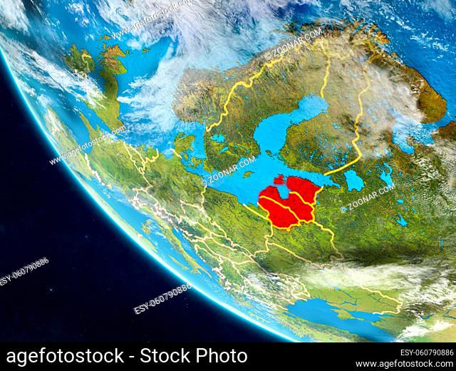 Baltic States on planet Earth from space with country borders. Very fine detail of planet surface and clouds. 3D illustration