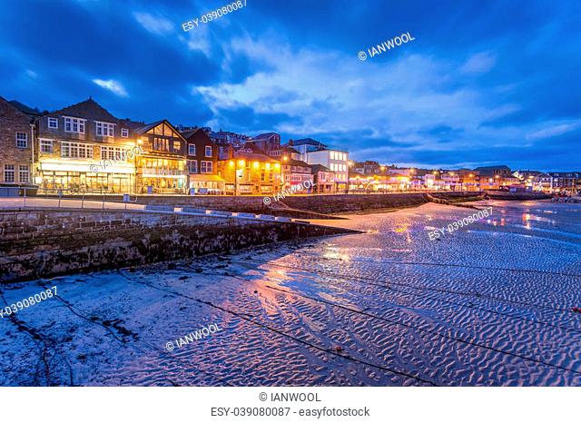 Night shot of the picturesque fishing village at St Ives Cornwall England UK Europe