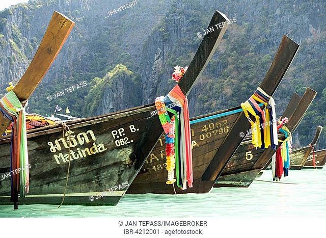 Traditional long-tail boats, Maya Bay, Phi Phi island, Phuket Province, Thailand