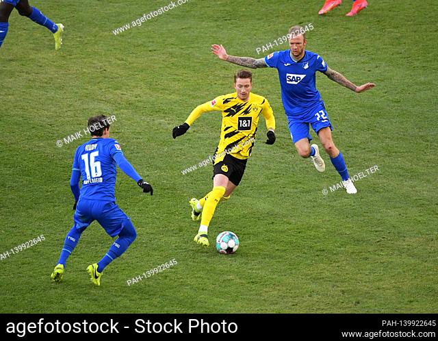from left, Sebastian Rudy (TSG Hoffenheim), Marco Reus (Borussia Dortmund), Kevin Vogt (TSG Hoffenheim), action, duels, soccer 1st Bundesliga, 21st matchday