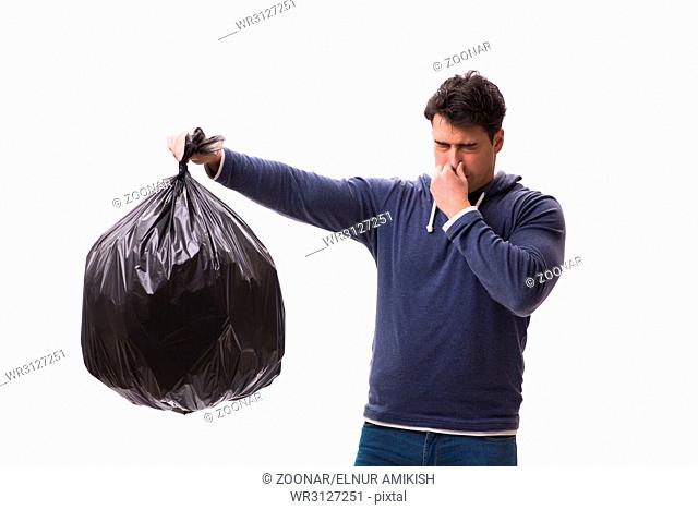 The man with garbage sack isolated on white