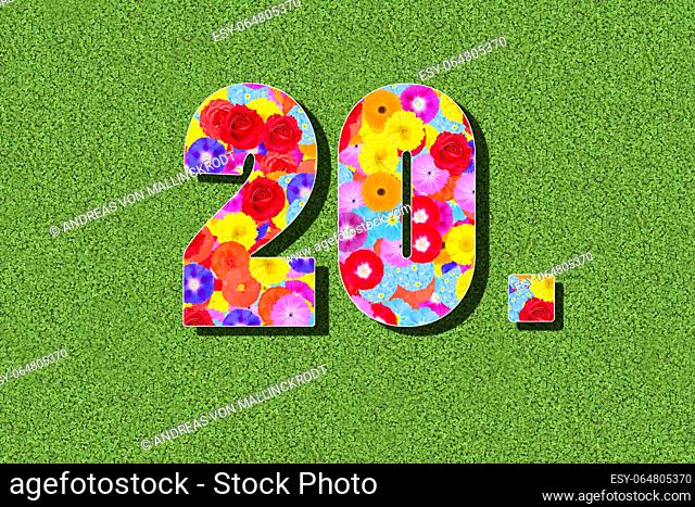 Ordinal number, 20th, twentieth, twentieth, as graphic, illustration, number, with colorful flowers on green background, anniversary