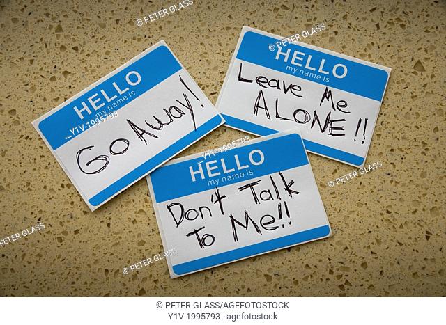 """""Hello"" badges that say, ""Go Away"", ""Leave Me Alone"", and ""Don't Talk To Me""