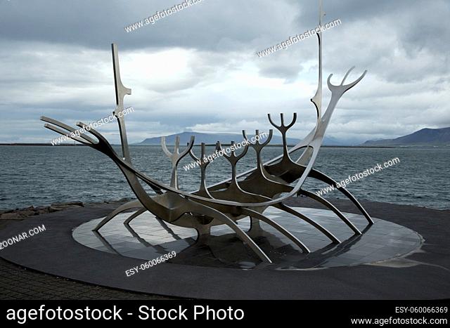 Symbol of Reykjavik, viking ship monument on the sea bank, Iceland