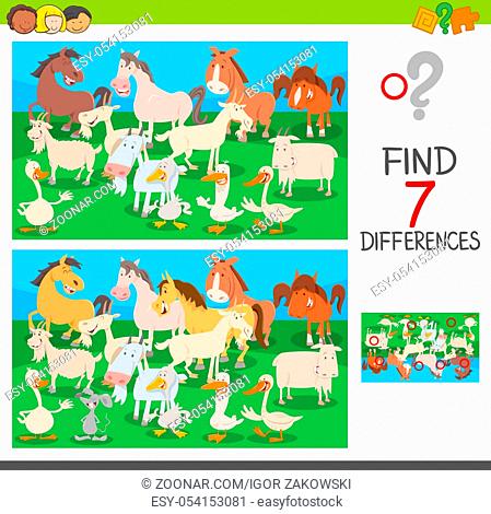 Cartoon Illustration of Finding Seven Differences Between Pictures Educational Activity Game for Children with Farm Animals Characters
