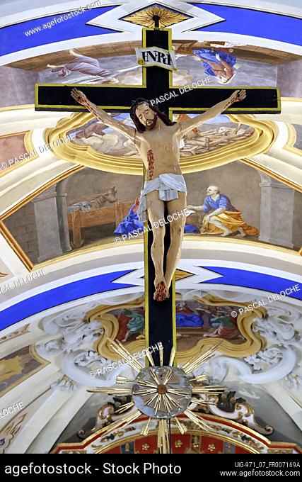 St. Nicolas de Veroce baroque church. Crucifix. Jesus on the cross. Painting. France