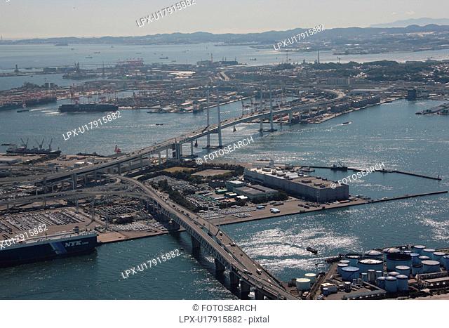 Aerial view of Yokohama Bay Bridge, Yokohama City, Kanagawa Prefecture, Honshu, Japan