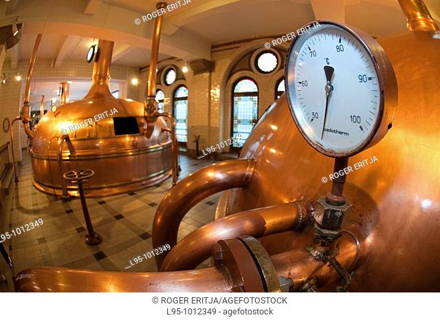 Copper traditional tanks for brewing Heineken beer, Heineken brewery museum, Amsterdam