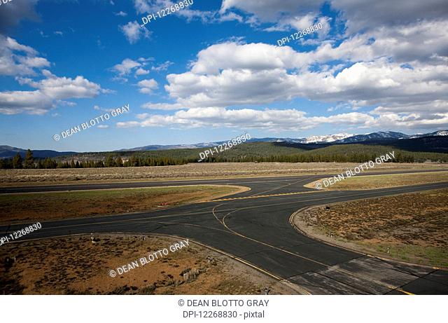 View of the taxi way and runway at the Truckee Tahoe Airport, California, USA