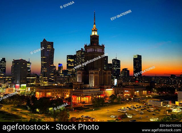 Palace of Culture and Science in Warsaw at sunset