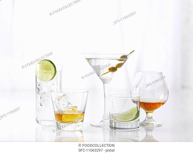 Five Assorted Glasses with Assorted Liquors