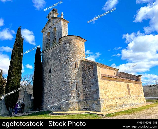 Facade of la Asuncion church. Castillejo de Mesleon, Segovia province, Castilla Leon, Spain