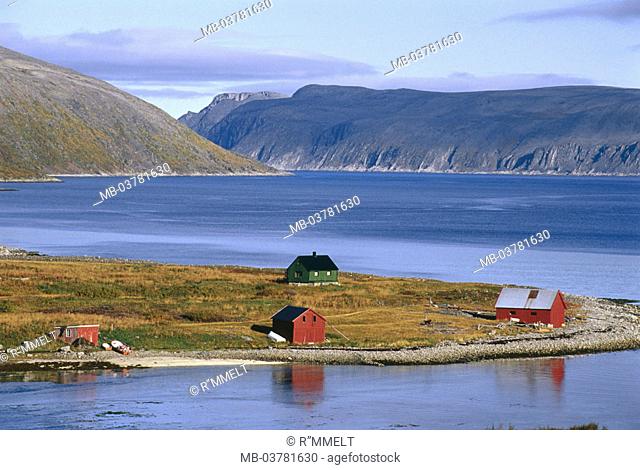 Norway, Finnmark, peninsula  Nordkin, fjord, fisher cottages, autumn,  Scandinavia, North Norway, north, Nordkap,  Nordkapp, coast region, coast, fisher houses