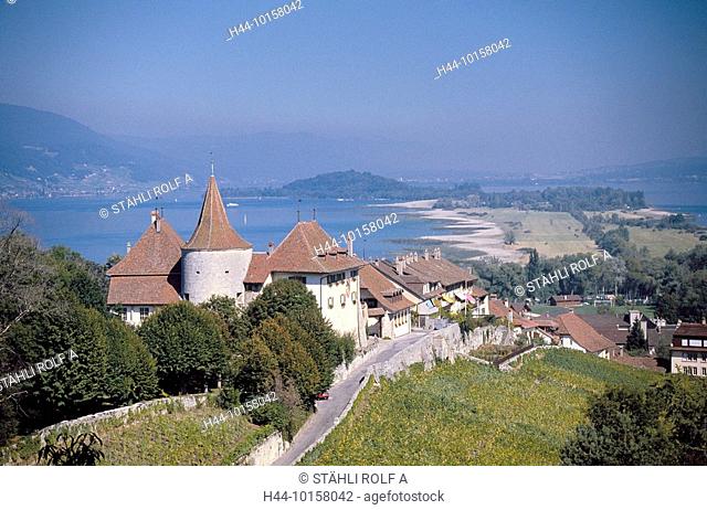 10158042, Switzerland, Europe, canton Bern, Erlach, castle, village, lake Biel, lake, sea, overview, Seeland