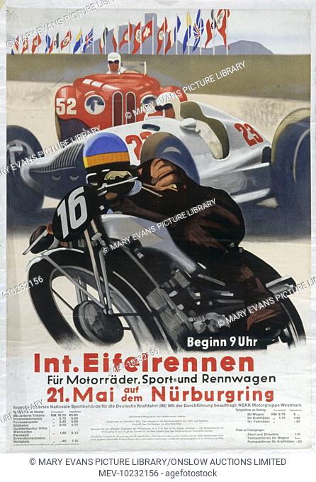 A poster for a mixed motor sports programme at the Nurburgring comprising motorcycles, grand prix racing and saloon cars