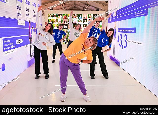 RUSSIA, MOSCOW - DECEMBER 3, 2023: Bashkortostan's most active grandmother conducts a training session for visitors at the Russia Expo international exhibition...