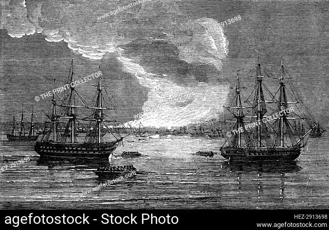 Conflagration at Varna: French Line-of-Battle ship Bayard - H.M. Frigate Leander, 1854. Creator: Unknown