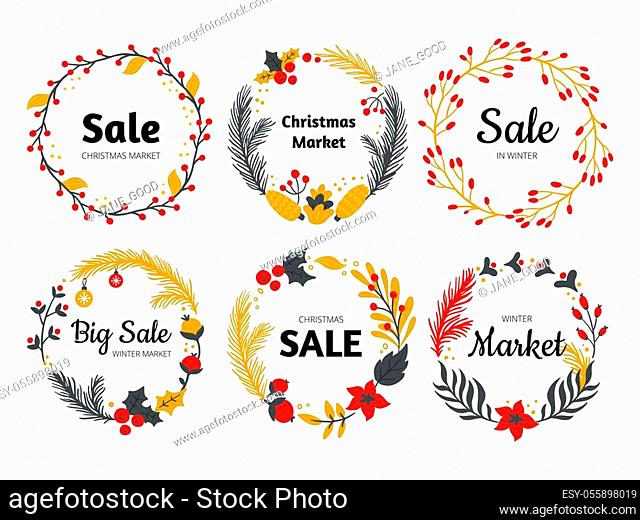 Set of lovely winter sell-out banners with texts. Hand-drawn Vector illustration on Christmas theme with branches, balls, cones and fir