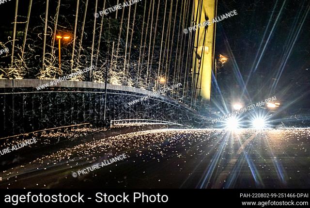 02 August 2022, Hessen, Frankfurt/Main: A car drives over the East Harbour Bridge while countless insects buzz around the light sources on a warm summer evening