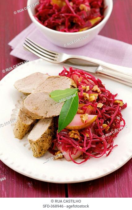 Pork fillet with red cabbage and pear salad